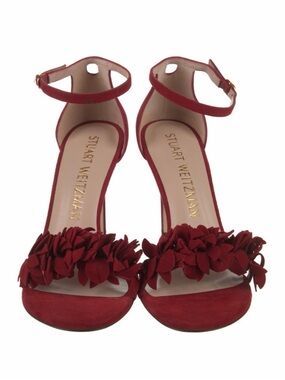 Stuart Weitzman Crimson Suede Floral Ankle-Strap Sandals